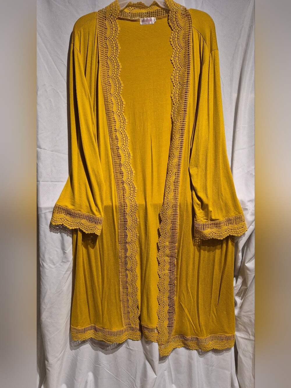 Mustard Crochet-Trim Long Open Front Maxi Women's Cardigan Lightweight